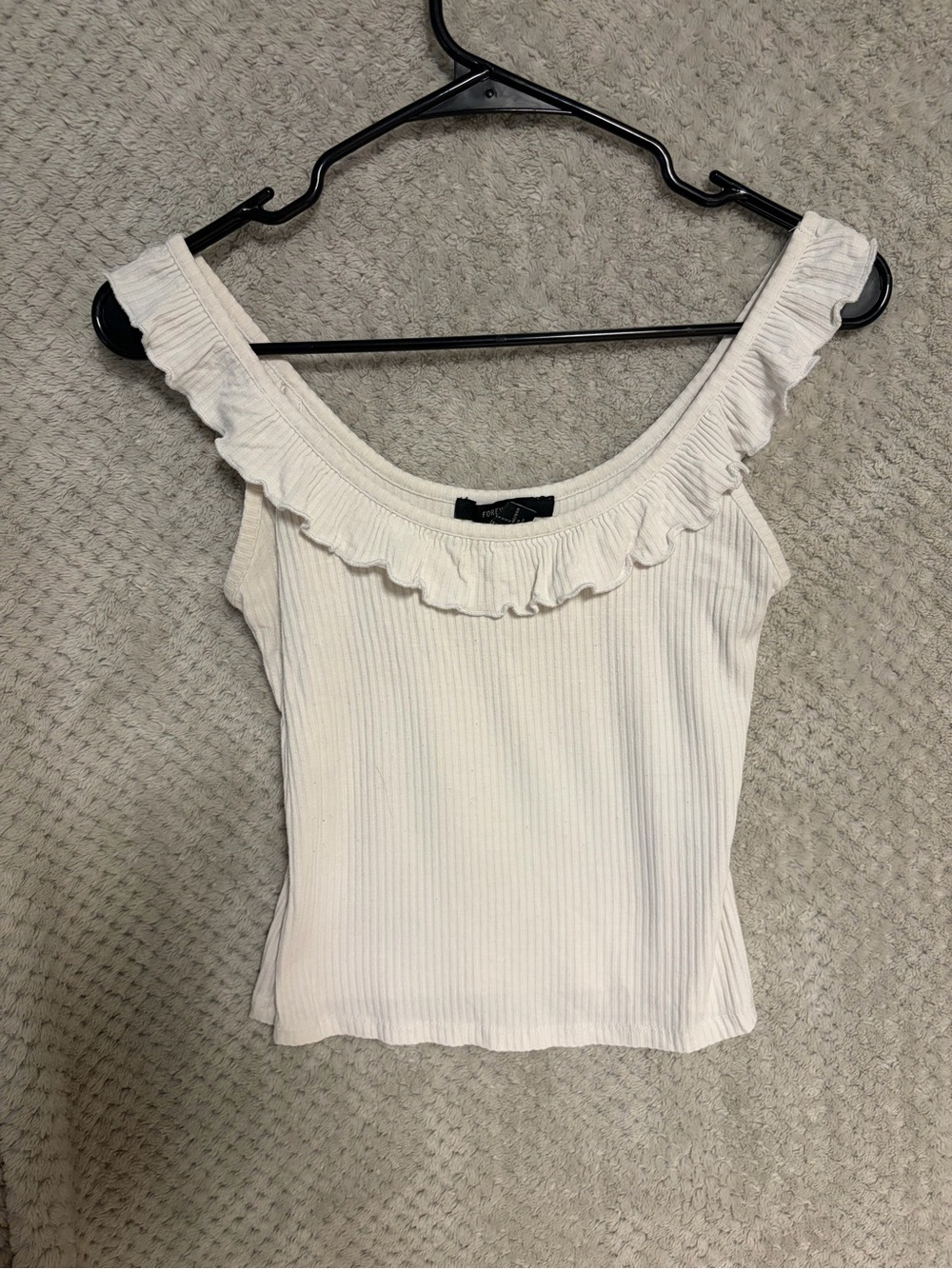 Forever 21 White Ribbed Off-Shoulder Ruffle Tank